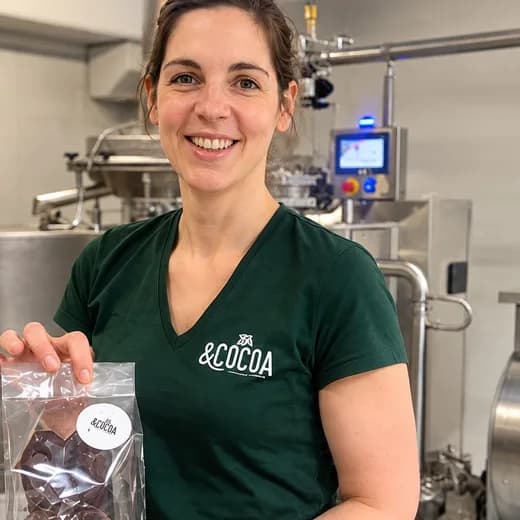 Ecocoa chocolate maker in her workshop in Péruwelz